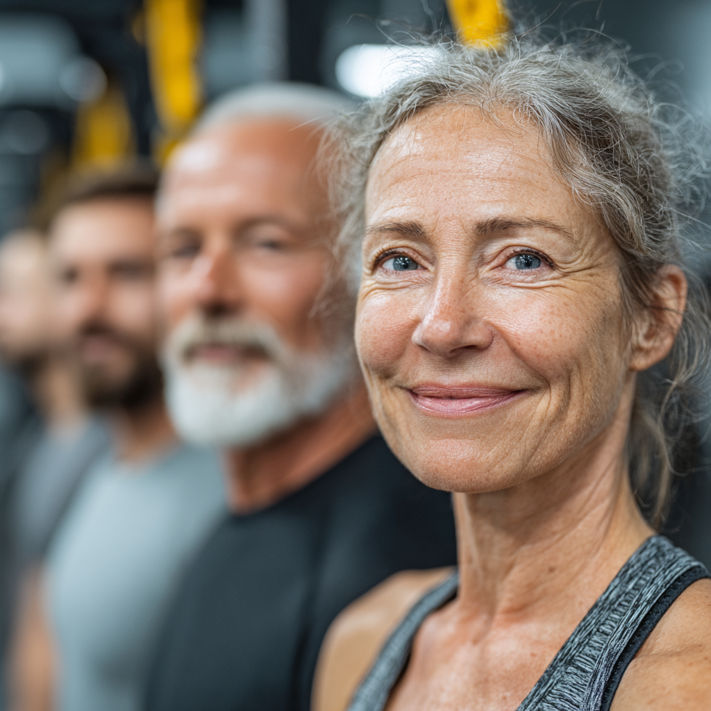 Group of mature adults aged 45-55 in a bright fitness studio during a functional training session, showing diverse people exercising together with professional equipment, emphasizing community and healthy aging